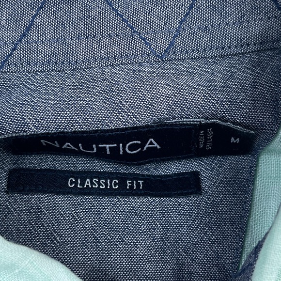 Nautica Shirt Mens Medium Green Linen Short Sleeve Collared Button Up Coastal‎ - Picture 5 of 12